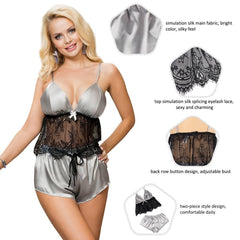 Plus Size Hollow Sexy Sleepwear Satin Lace Splicing Pajama Sets - R80960-1P - Love it Curvy