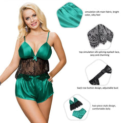 Plus Size Hollow Sexy Sleepwear Satin Lace Splicing Pajama Sets - R80960-5P - Love it Curvy