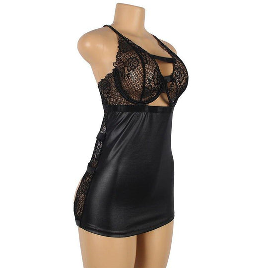 Plus Size Leather Lace Nightwear Sexy Sheer Dress For Women Backless - Love it Curvy