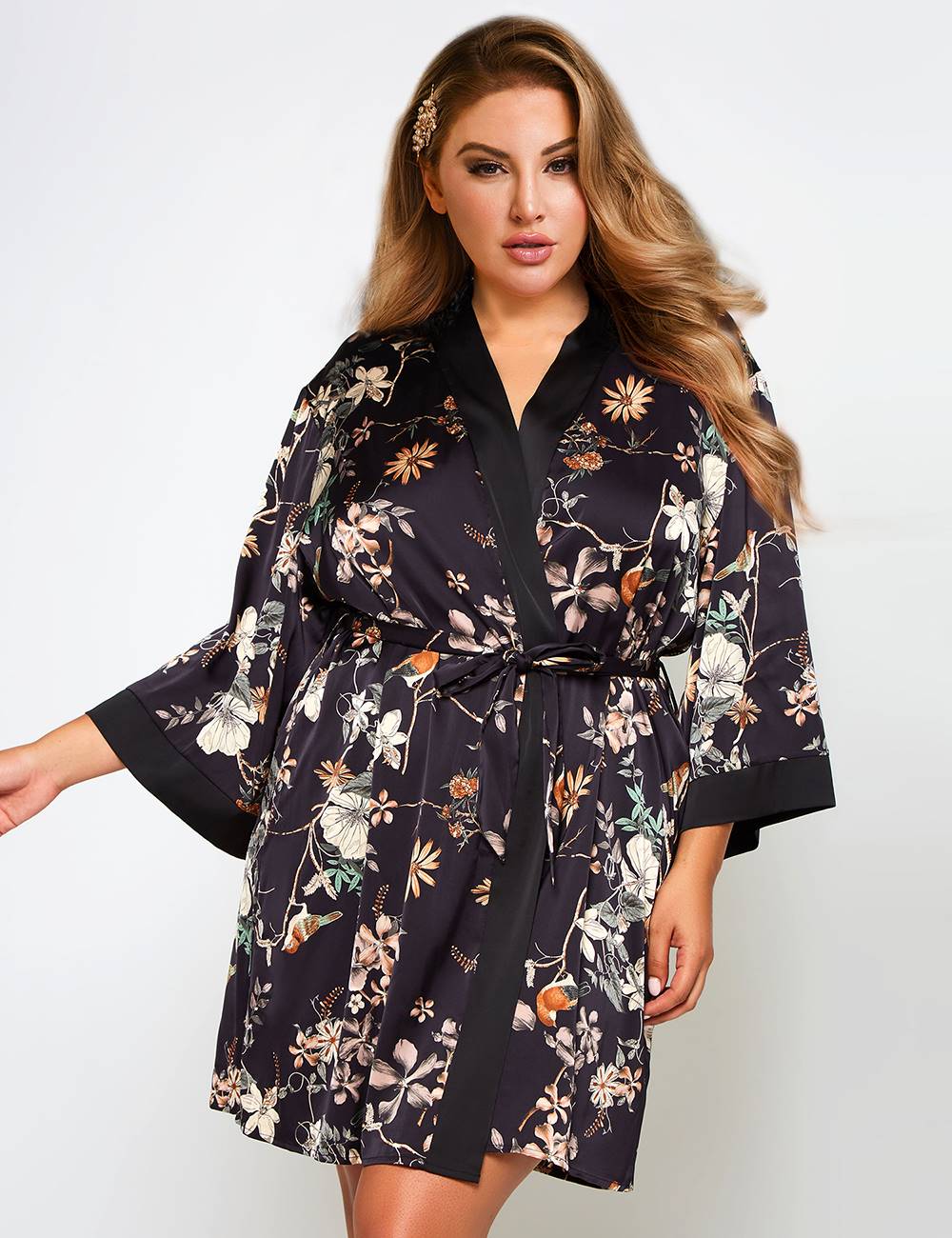 Plus Size Printing Silk Long Sleeves Sleepwear with Thong - R81102P-1245-OHY - Love it Curvy