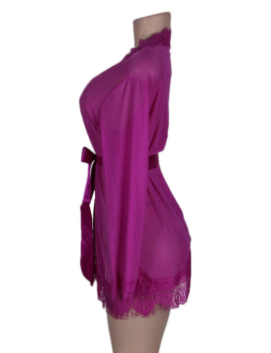 Plus Size Purple Lace Trim Robe With Thong - R80182-3P - Love it Curvy