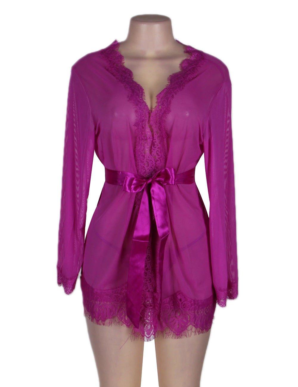 Plus Size Purple Lace Trim Robe With Thong - R80182-3P - Love it Curvy