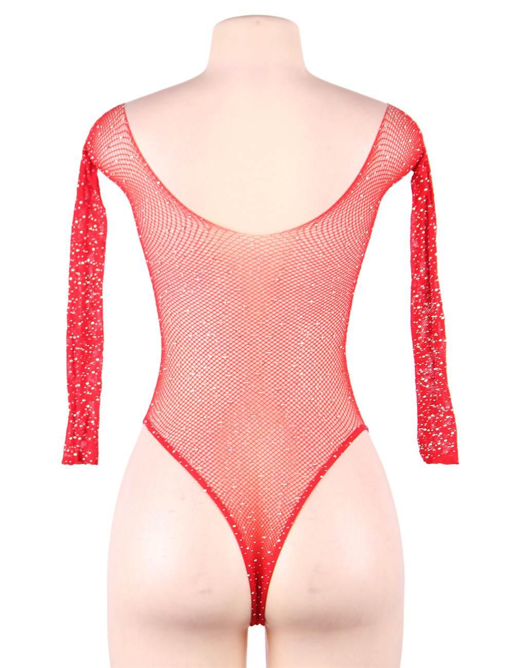 Plus Size Red Long Sleeve Fishnet Off-the-shoulder Sparkle Bodysuit - R80877-2P-1 - Love it Curvy