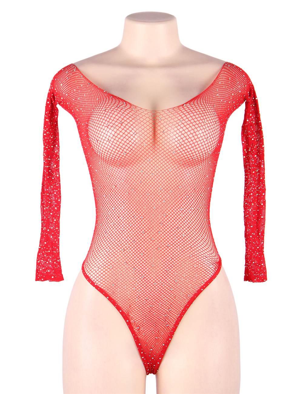 Plus Size Red Long Sleeve Fishnet Off-the-shoulder Sparkle Bodysuit - R80877-2P-1 - Love it Curvy