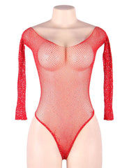 Plus Size Red Long Sleeve Fishnet Off-the-shoulder Sparkle Bodysuit - R80877-2P-1 - Love it Curvy