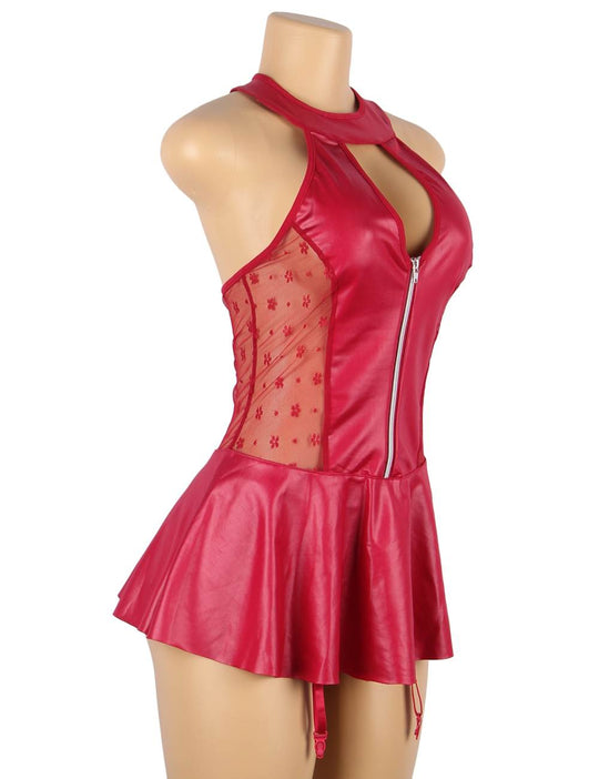 Plus Size Red Sexy Halter Leather Lace Stitching Gartered Lingerie - R80941-2P - Love it Curvy