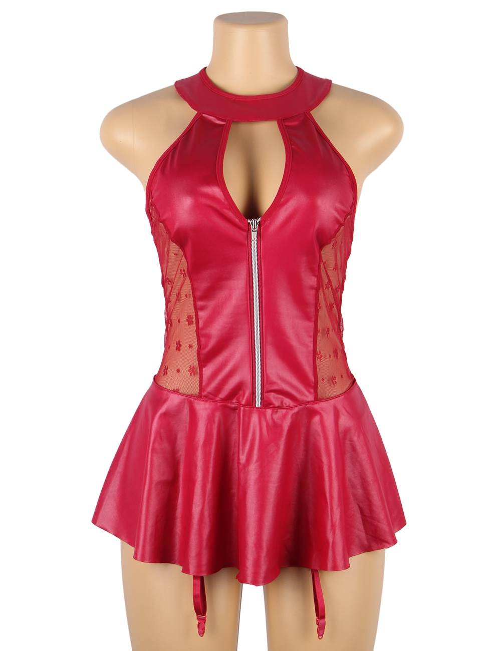 Plus Size Red Sexy Halter Leather Lace Stitching Gartered Lingerie - R80941-2P - Love it Curvy