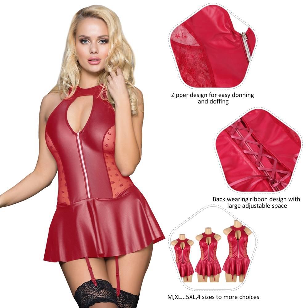 Plus Size Red Sexy Halter Leather Lace Stitching Gartered Lingerie - R80941-2P - Love it Curvy