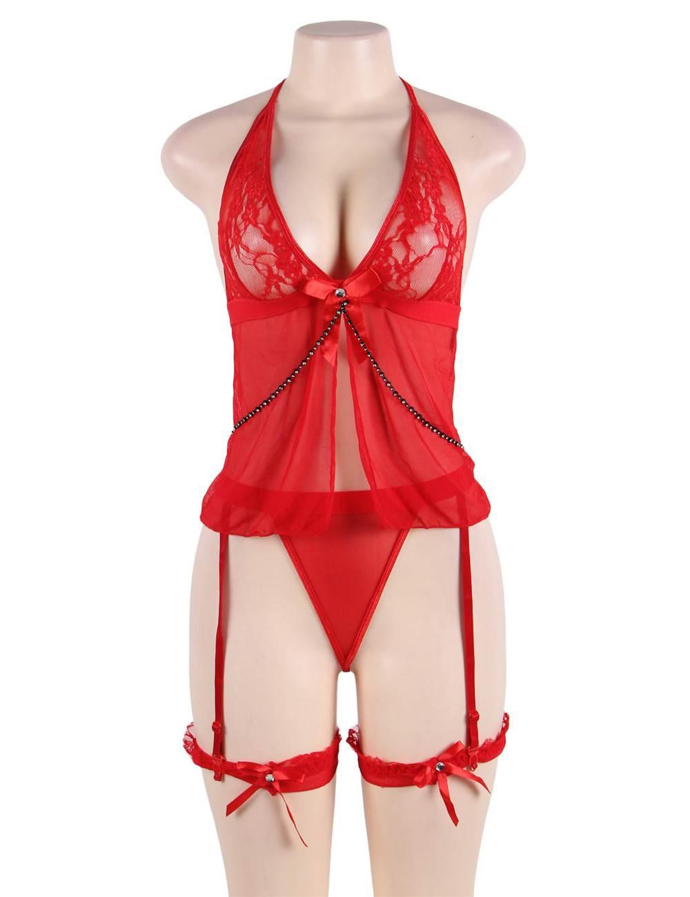 Plus Size Red Sheer Mesh Halter Babydoll Lingerie Set - R7356P-1349-OHY - Love it Curvy