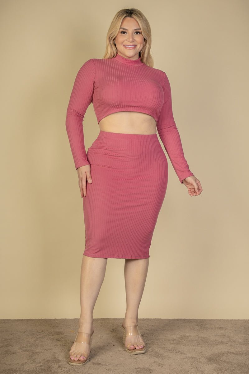 Plus Size Ribbed Mock Neck Crop Top & Midi Skirt Set (CAPELLA) - sku-46367010980128 - Love it Curvy