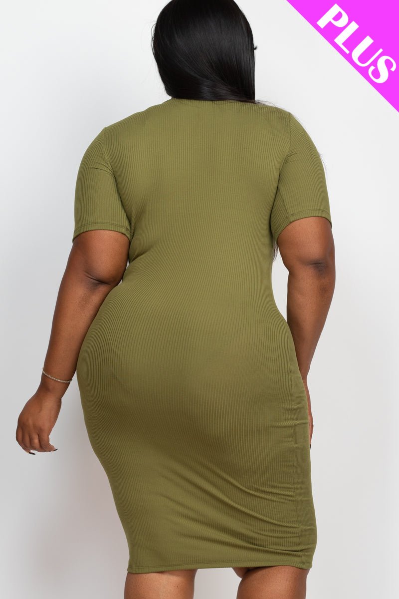 Plus Size Ribbed Short Sleeve Bodycon Midi Dress (CAPELLA) - sku-46369088340256 - Love it Curvy