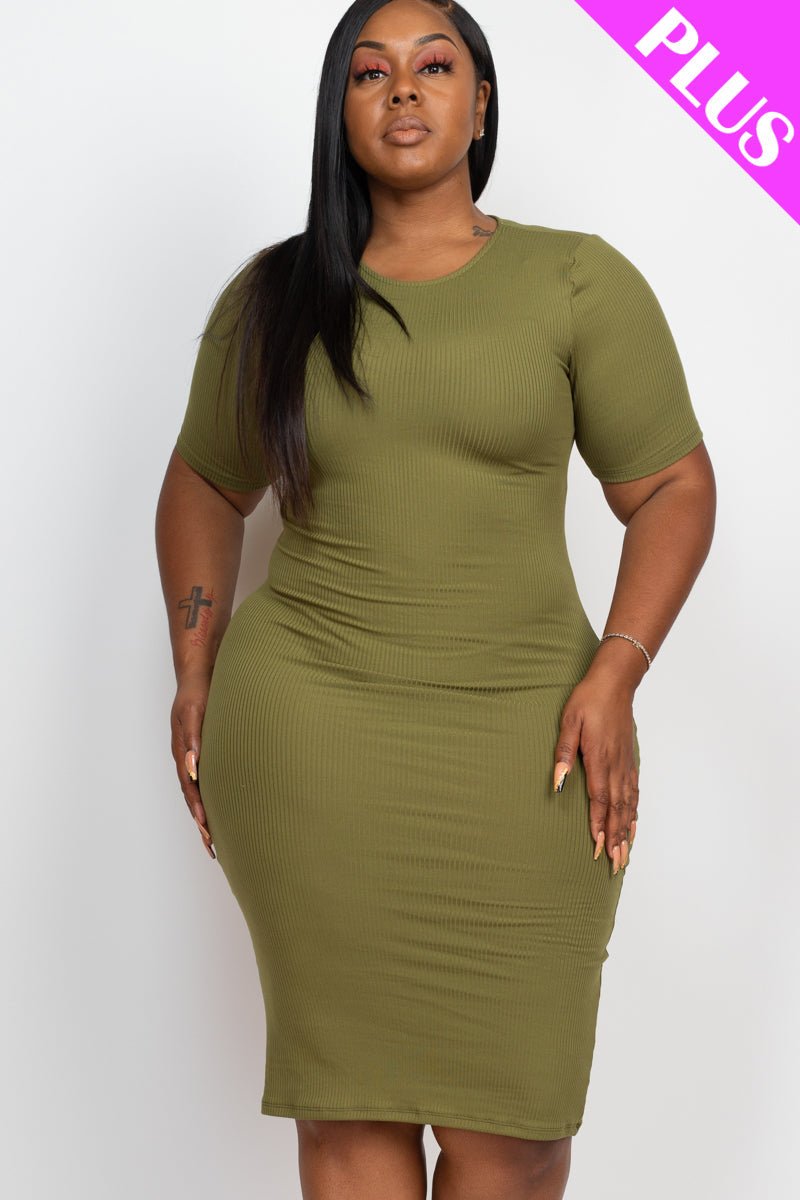 Plus Size Ribbed Short Sleeve Bodycon Midi Dress (CAPELLA) - sku-46369088340256 - Love it Curvy