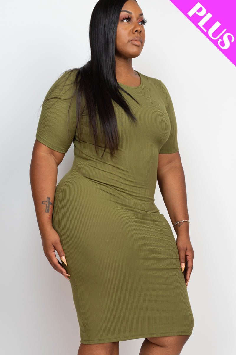 Plus Size Ribbed Short Sleeve Bodycon Midi Dress (CAPELLA) - sku-46369088340256 - Love it Curvy