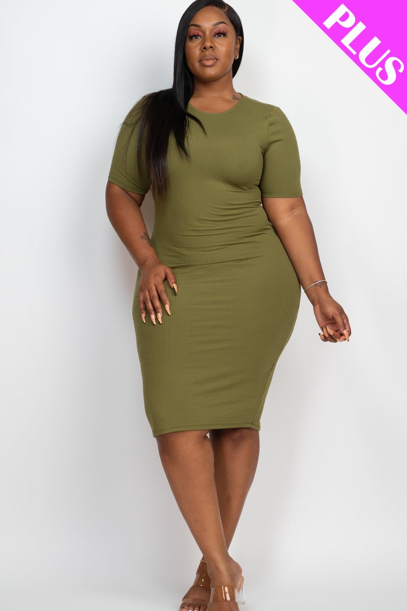 Plus Size Ribbed Short Sleeve Bodycon Midi Dress (CAPELLA) - sku-46369088340256 - Love it Curvy