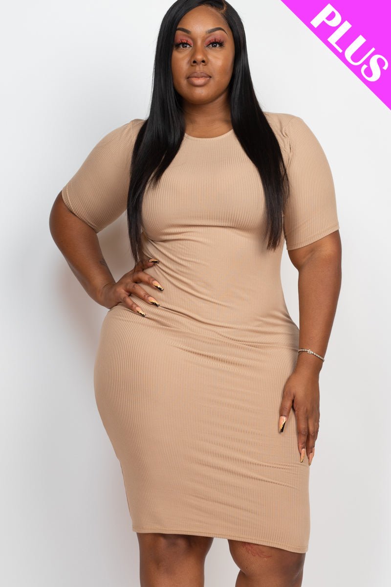 Plus Size Ribbed Short Sleeve Bodycon Midi Dress (CAPELLA) - sku-46369088602400 - Love it Curvy