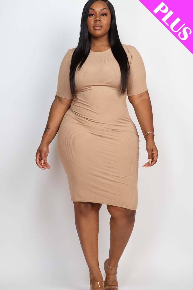 Plus Size Ribbed Short Sleeve Bodycon Midi Dress (CAPELLA) - sku-46369088602400 - Love it Curvy