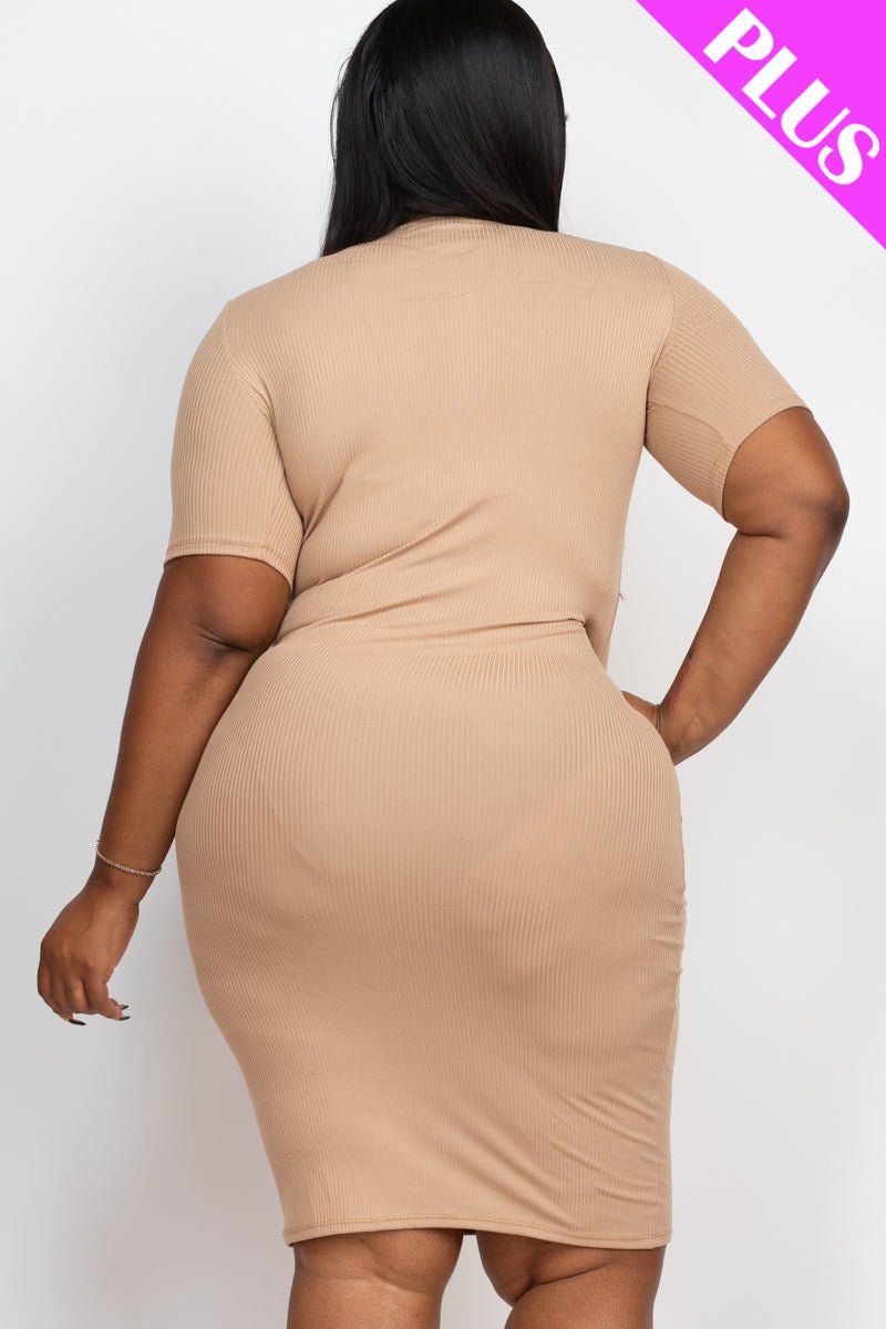 Plus Size Ribbed Short Sleeve Bodycon Midi Dress (CAPELLA) - sku-46369088602400 - Love it Curvy