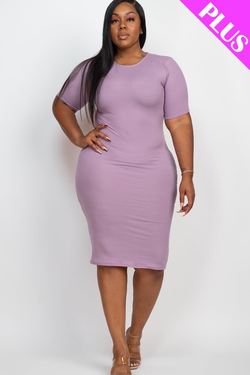 Plus Size Ribbed Short Sleeve Bodycon Midi Dress (CAPELLA) - sku-46369088733472 - Love it Curvy