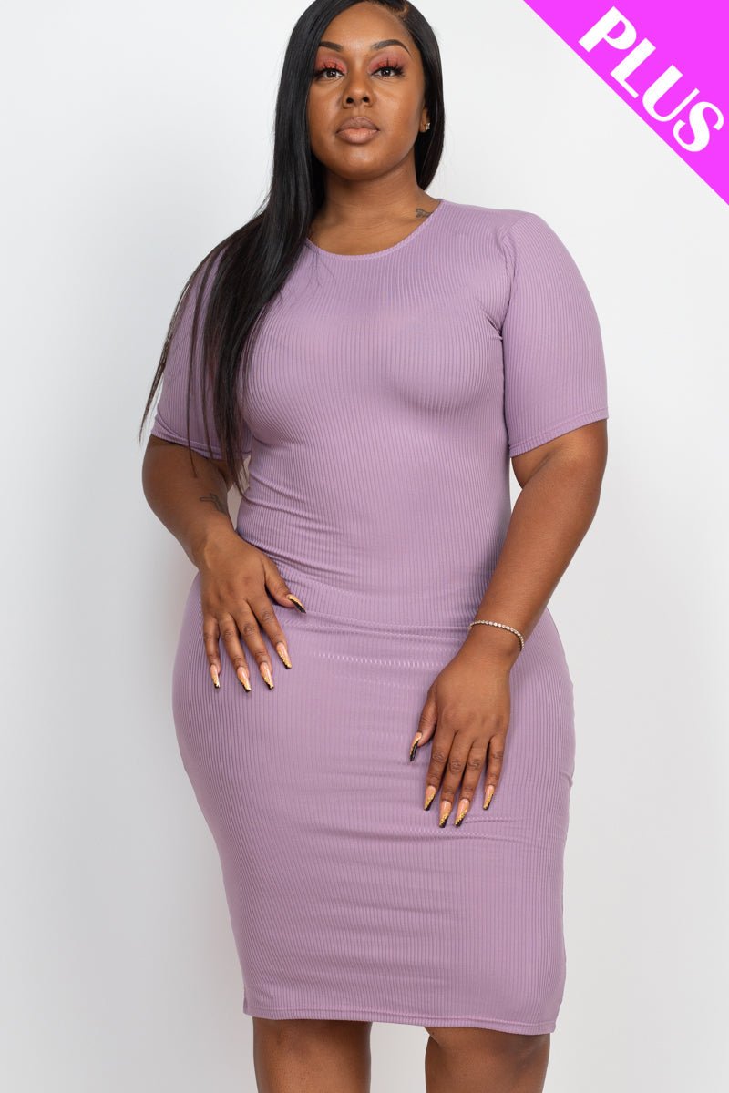 Plus Size Ribbed Short Sleeve Bodycon Midi Dress (CAPELLA) - sku-46369088733472 - Love it Curvy