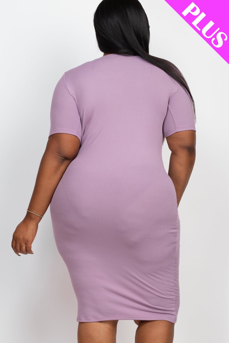 Plus Size Ribbed Short Sleeve Bodycon Midi Dress (CAPELLA) - sku-46369088733472 - Love it Curvy