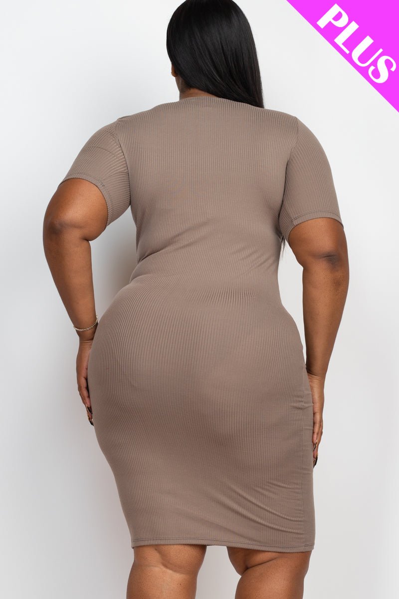 Plus Size Ribbed Short Sleeve Bodycon Midi Dress (CAPELLA) - sku-46369088864544 - Love it Curvy