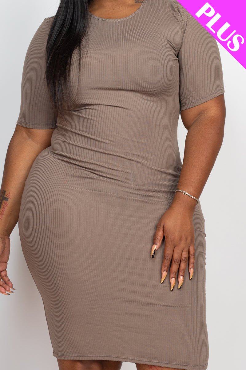 Plus Size Ribbed Short Sleeve Bodycon Midi Dress (CAPELLA) - sku-46369088864544 - Love it Curvy