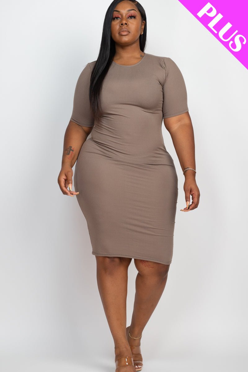 Plus Size Ribbed Short Sleeve Bodycon Midi Dress (CAPELLA) - sku-46369088864544 - Love it Curvy