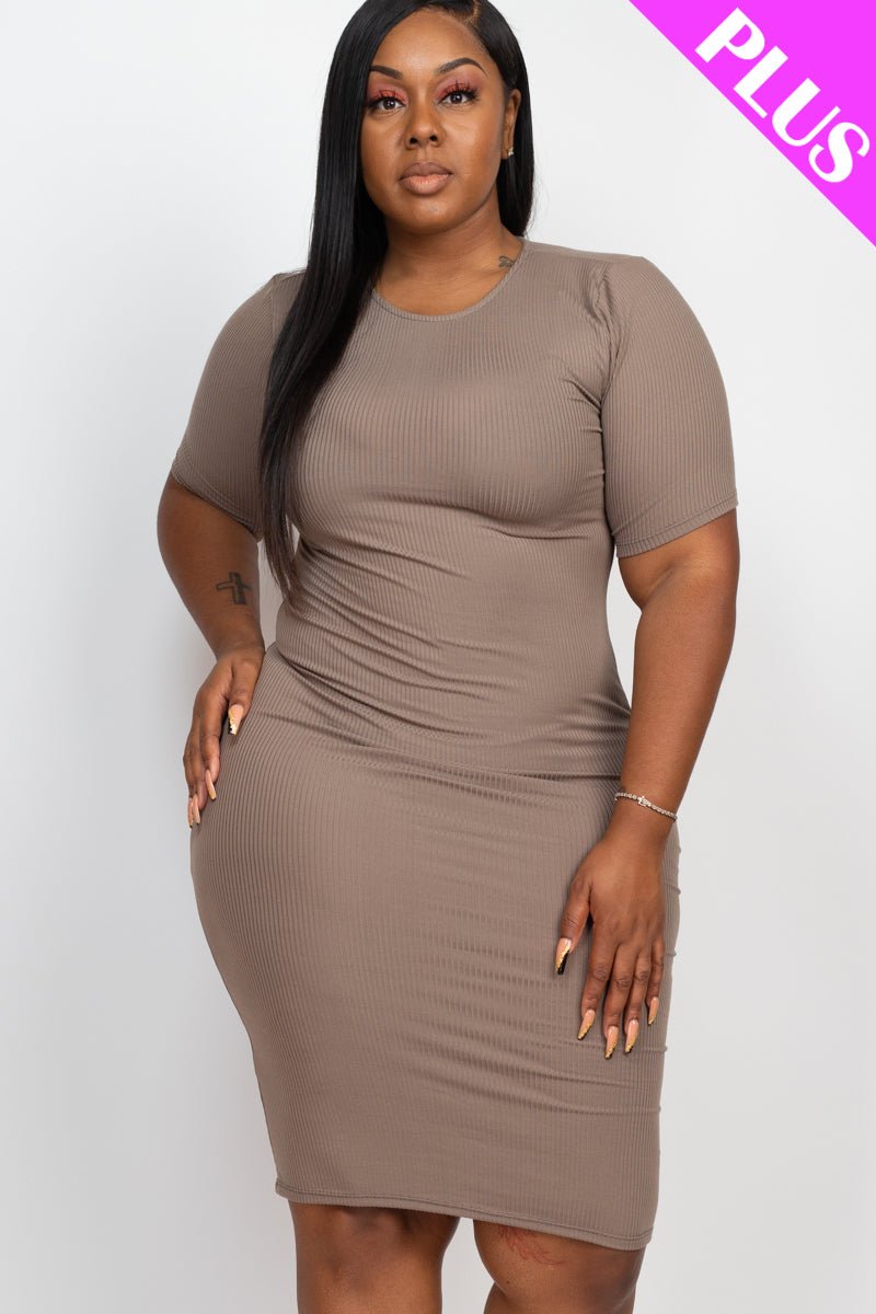 Plus Size Ribbed Short Sleeve Bodycon Midi Dress (CAPELLA) - sku-46369088864544 - Love it Curvy