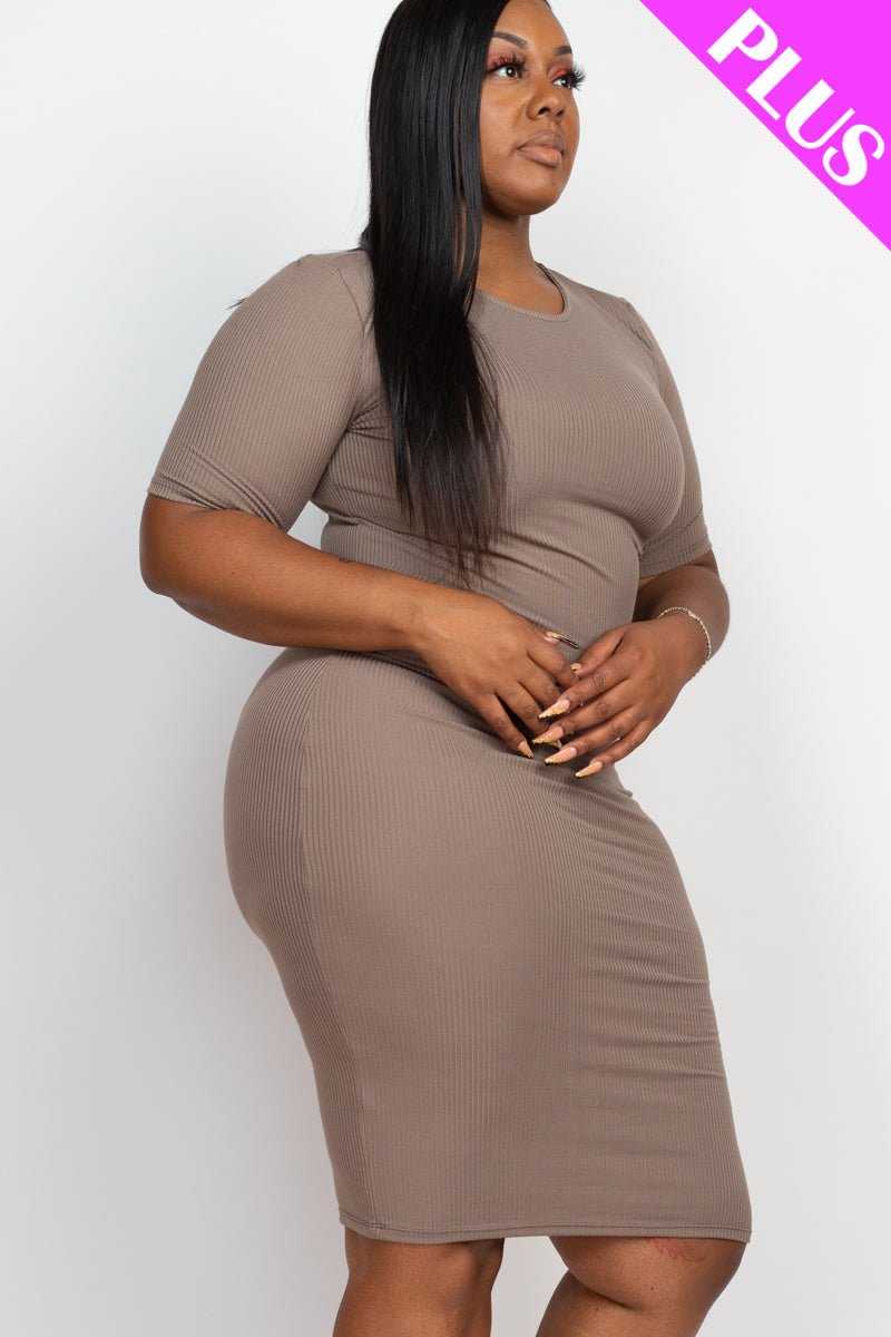 Plus Size Ribbed Short Sleeve Bodycon Midi Dress (CAPELLA) - sku-46369088864544 - Love it Curvy