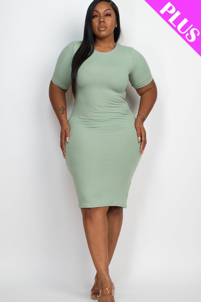 Plus Size Ribbed Short Sleeve Bodycon Midi Dress (CAPELLA) - sku-46369089126688 - Love it Curvy