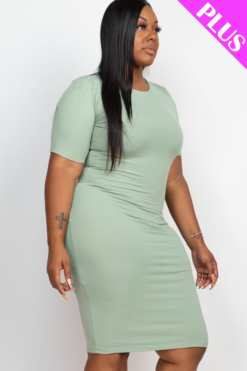 Plus Size Ribbed Short Sleeve Bodycon Midi Dress (CAPELLA) - sku-46369089126688 - Love it Curvy