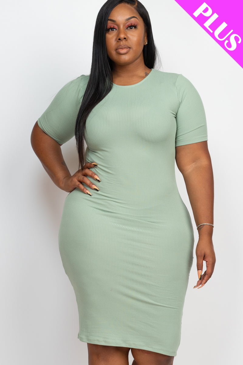 Plus Size Ribbed Short Sleeve Bodycon Midi Dress (CAPELLA) - sku-46369089126688 - Love it Curvy