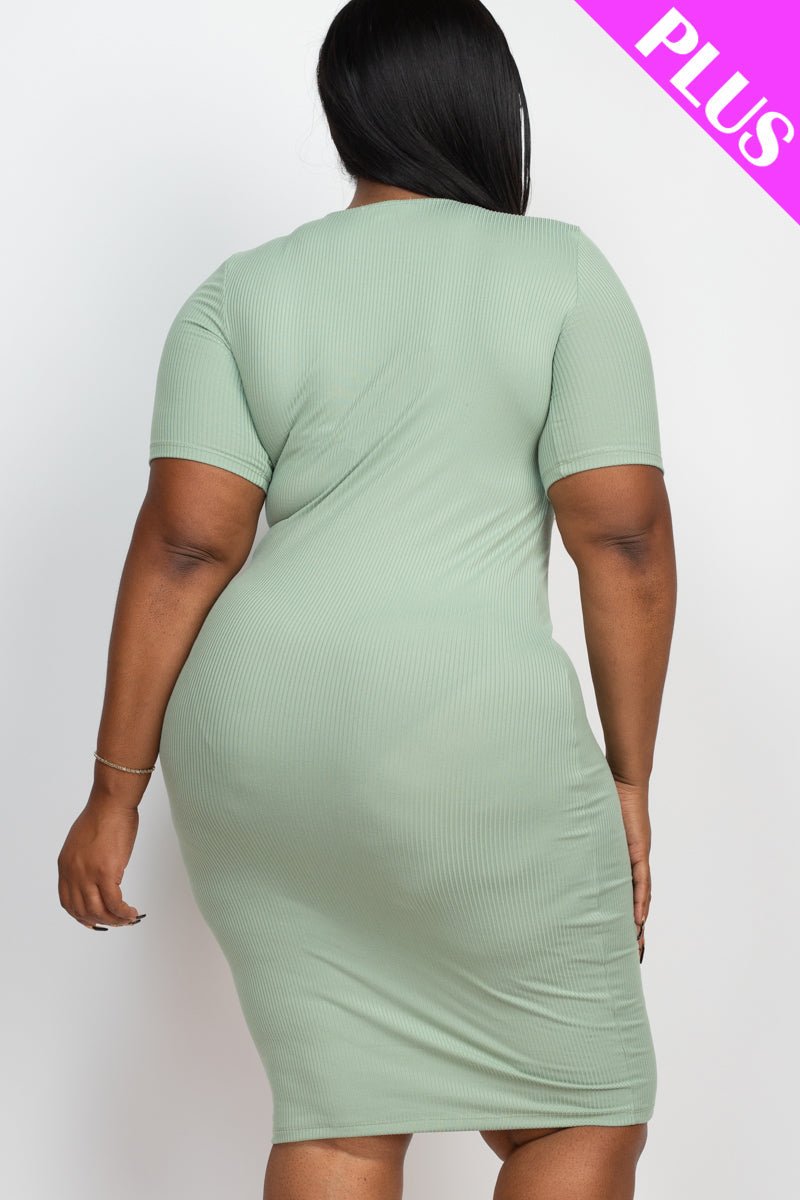 Plus Size Ribbed Short Sleeve Bodycon Midi Dress (CAPELLA) - sku-46369089126688 - Love it Curvy