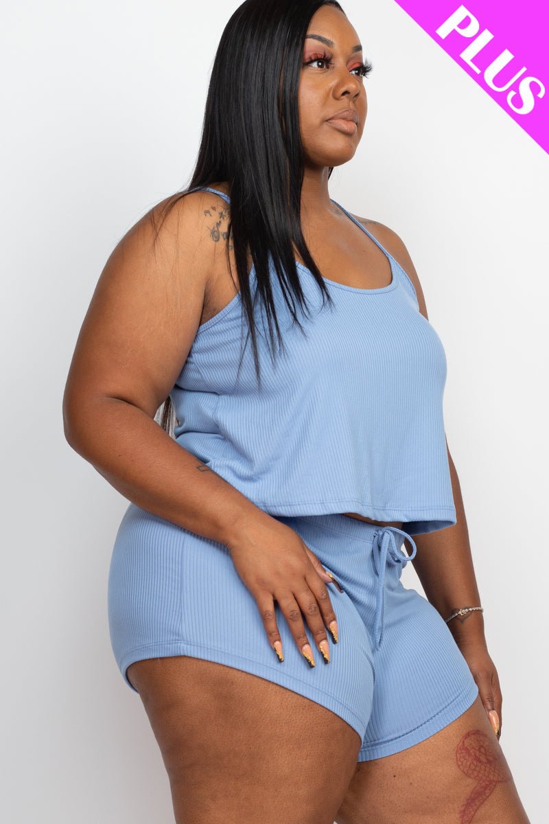 Plus Size Ribbed Strappy Top & Shorts Set (CAPELLA) - sku-46369126318368 - Love it Curvy
