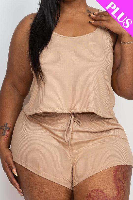 Plus Size Ribbed Strappy Top & Shorts Set (CAPELLA) - sku-46369126613280 - Love it Curvy