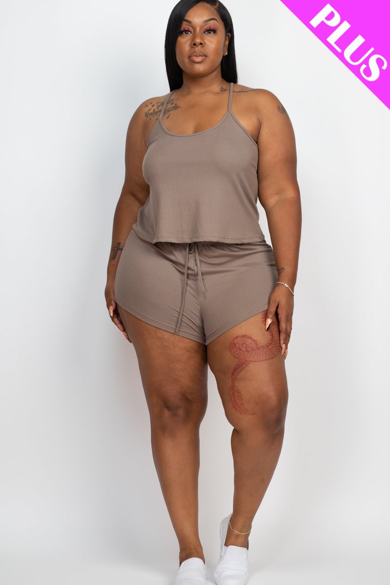 Plus Size Ribbed Strappy Top & Shorts Set (CAPELLA) - sku-46369127104800 - Love it Curvy
