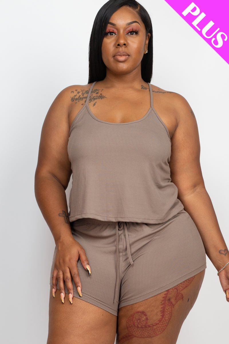 Plus Size Ribbed Strappy Top & Shorts Set (CAPELLA) - sku-46369127104800 - Love it Curvy