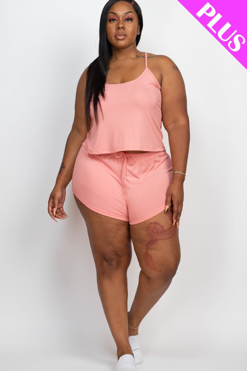 Plus Size Ribbed Strappy Top & Shorts Set (CAPELLA) - sku-46369127629088 - Love it Curvy