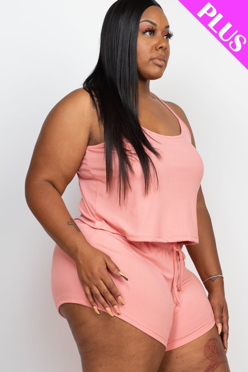 Plus Size Ribbed Strappy Top & Shorts Set (CAPELLA) - sku-46369127629088 - Love it Curvy