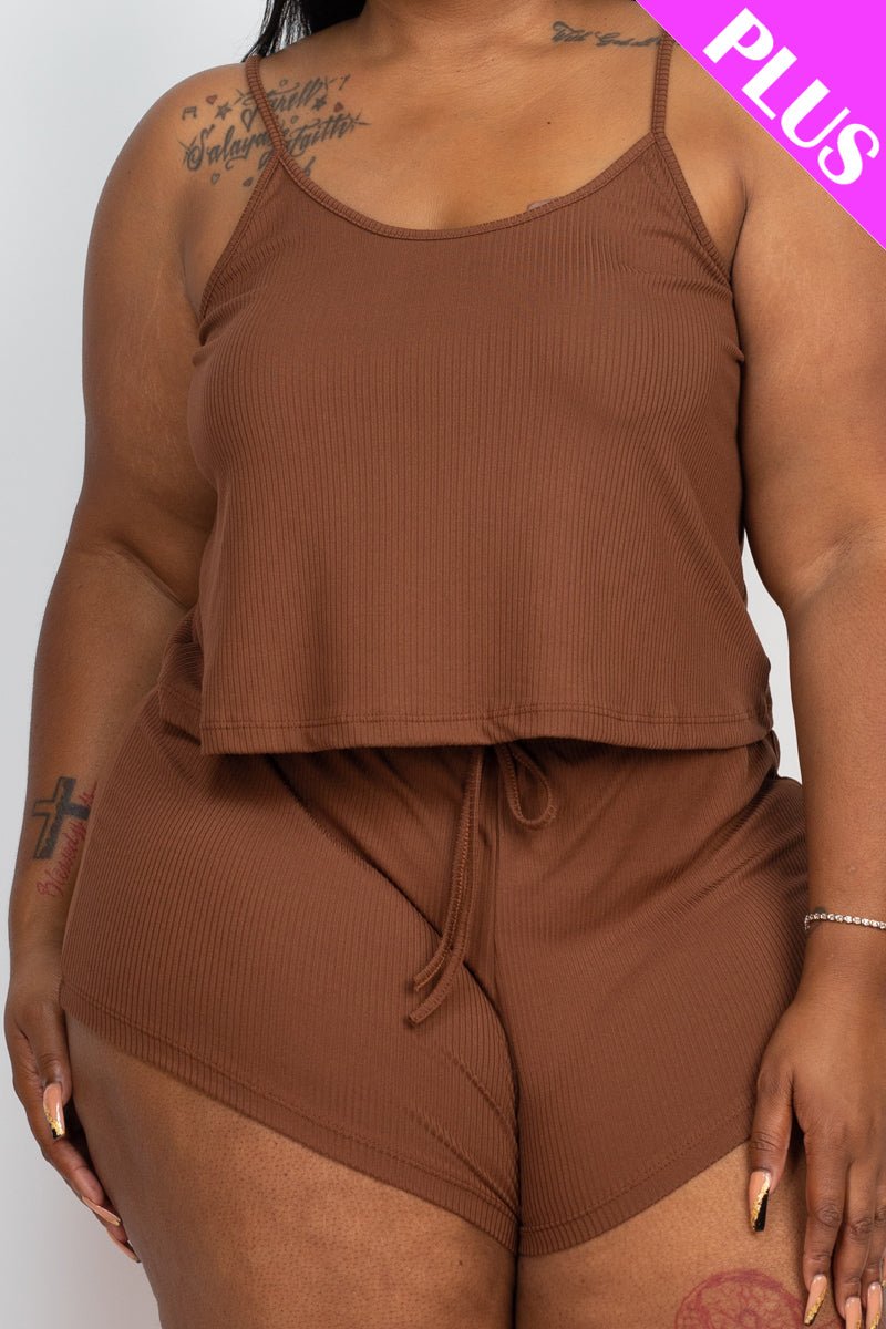 Plus Size Ribbed Strappy Top & Shorts Set (CAPELLA) - sku-46369127792928 - Love it Curvy