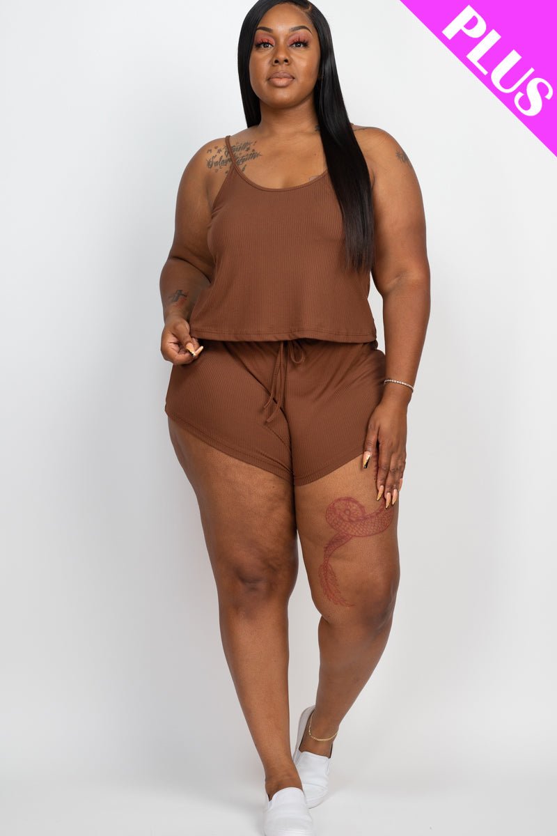 Plus Size Ribbed Strappy Top & Shorts Set (CAPELLA) - sku-46369127792928 - Love it Curvy