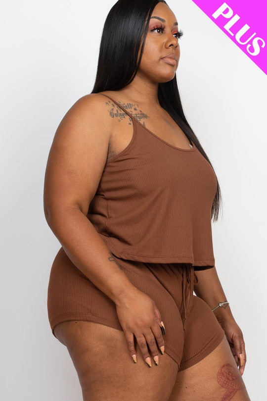 Plus Size Ribbed Strappy Top & Shorts Set (CAPELLA) - sku-46369127792928 - Love it Curvy