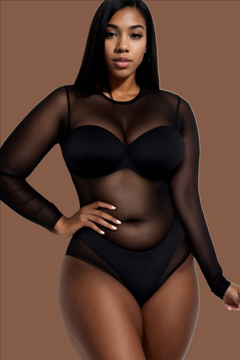 Plus Size Sexy Sheer Mesh Long Sleeve Bodysuit (CAPELLA) - sku-47734177497376 - Love it Curvy