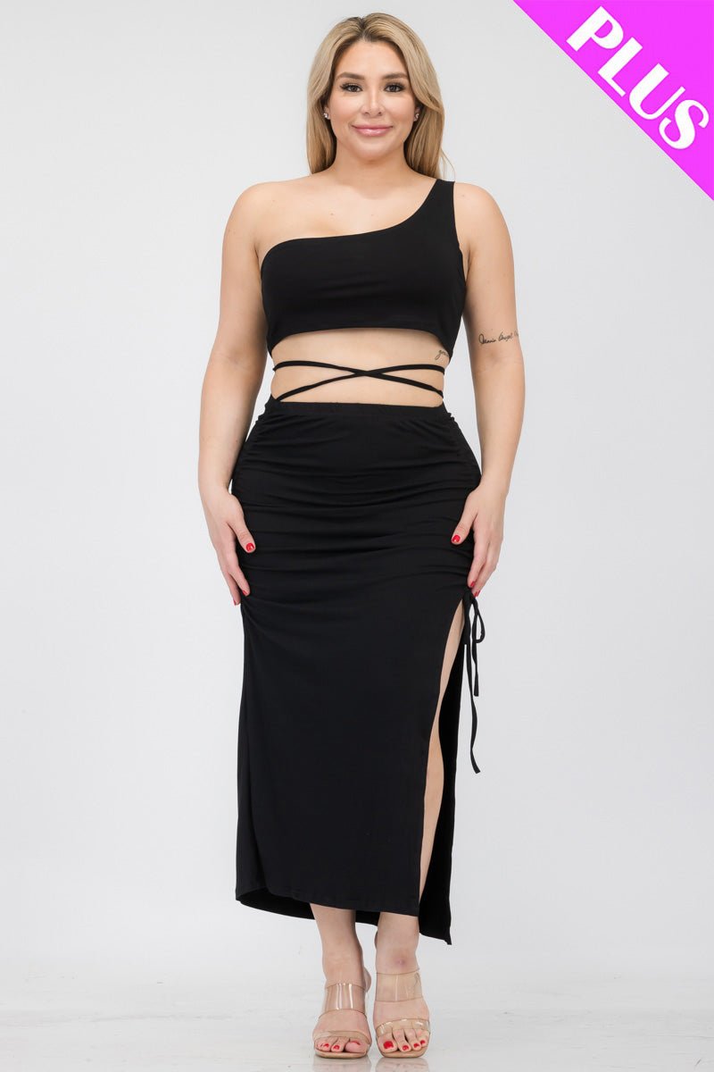 Plus Size Sexy Solid Color One Shoulder Crop Top & Drawstring Ruched Crisscross Tie Back Side Slit Hem Skirt Set (CAPELLA) - sku-46366028103968 - Love it Curvy