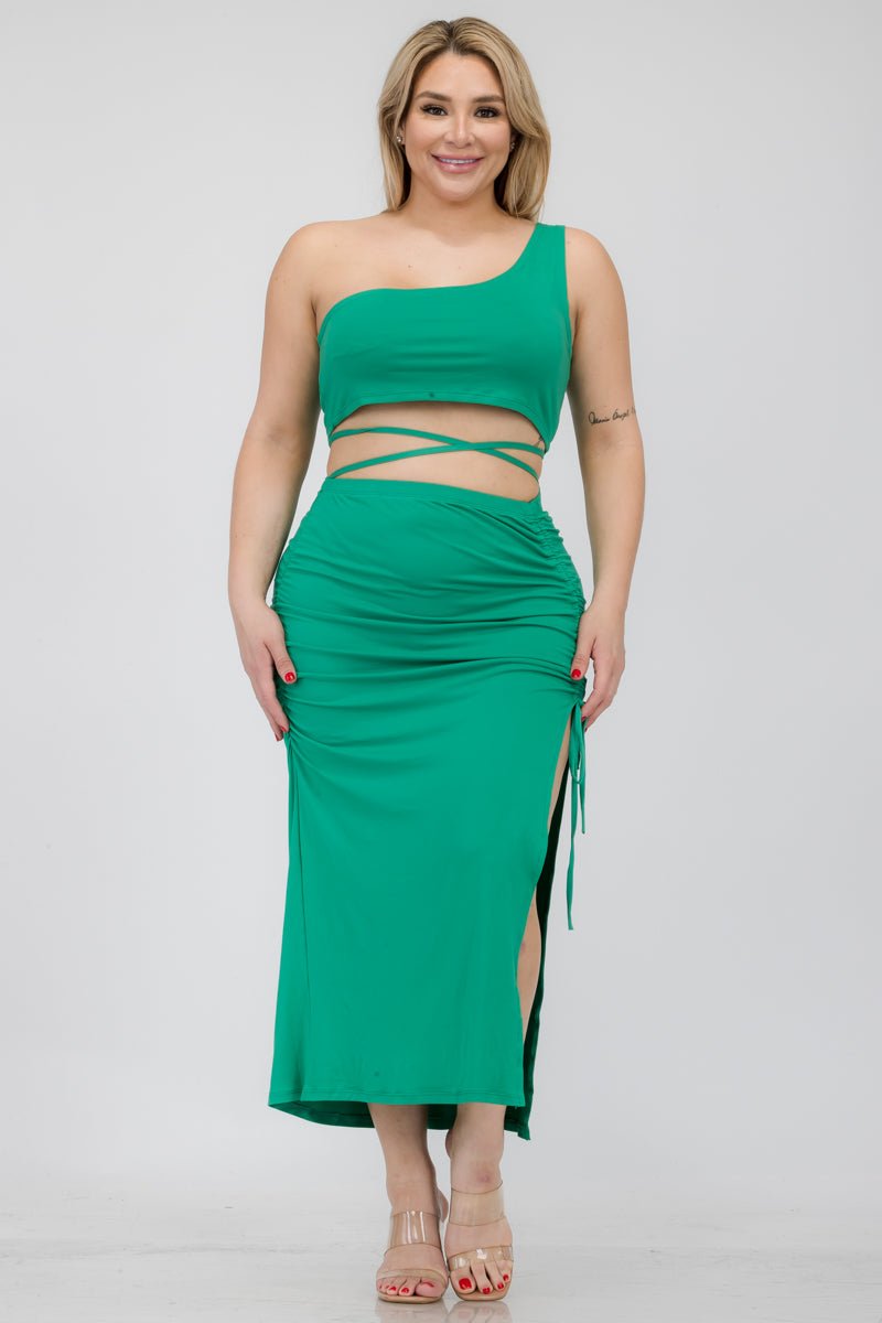 Plus Size Sexy Solid Color One Shoulder Crop Top & Drawstring Ruched Crisscross Tie Back Side Slit Hem Skirt Set (CAPELLA) - sku-46366028333344 - Love it Curvy