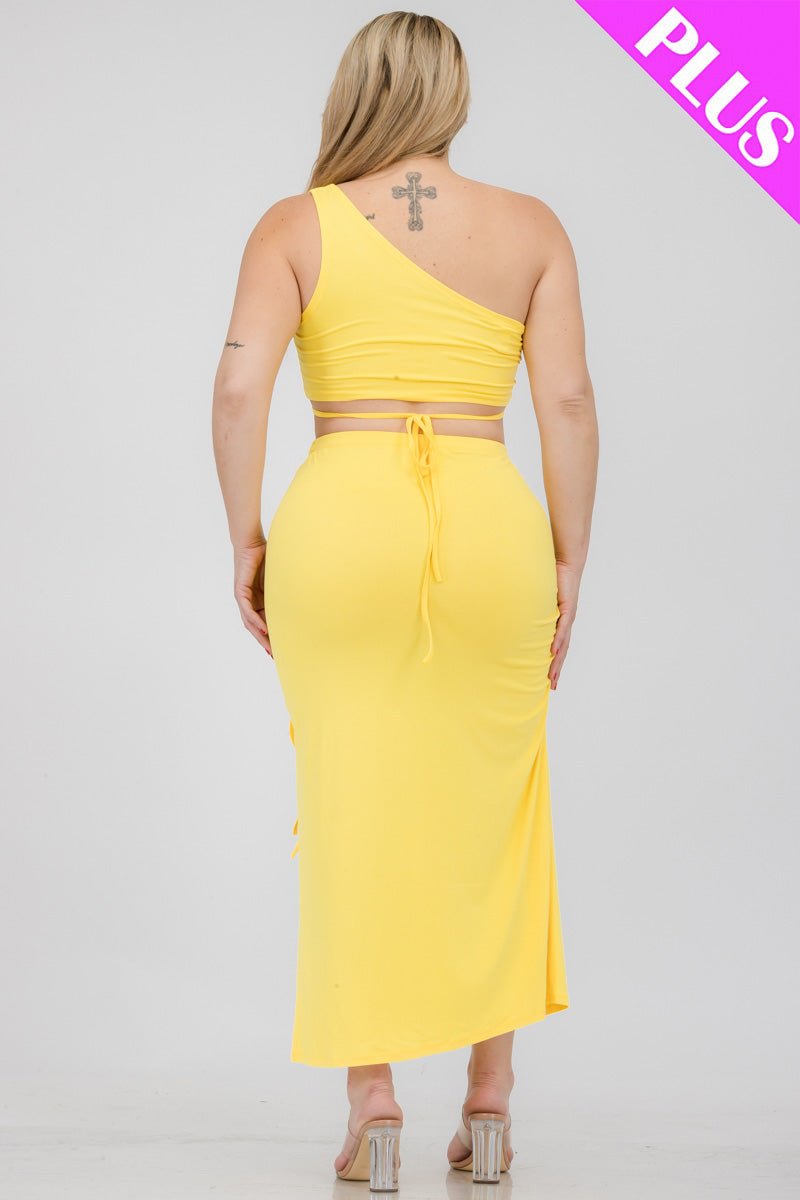 Plus Size Sexy Solid Color One Shoulder Crop Top & Drawstring Ruched Crisscross Tie Back Side Slit Hem Skirt Set (CAPELLA) - sku-46366028857632 - Love it Curvy