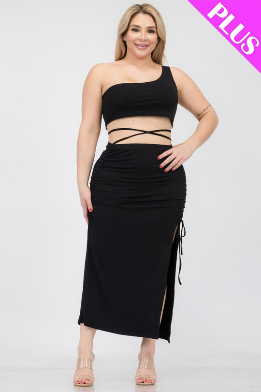 Plus Size Sexy Solid Color One Shoulder Crop Top & Drawstring Ruched Crisscross Tie Back Side Slit Hem Skirt Set (CAPELLA) - sku-46366028103968 - Love it Curvy