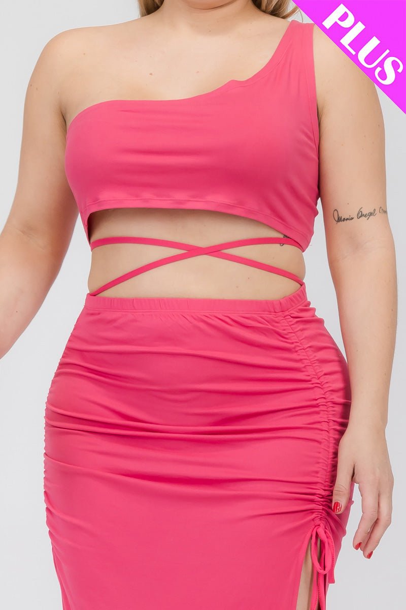 Plus Size Sexy Solid Color One Shoulder Crop Top & Drawstring Ruched Crisscross Tie Back Side Slit Hem Skirt Set (CAPELLA) - sku-46366028169504 - Love it Curvy