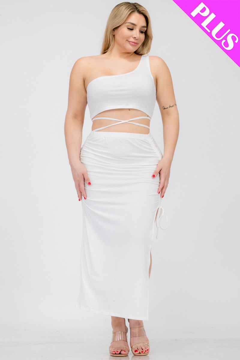 Plus Size Sexy Solid Color One Shoulder Crop Top & Drawstring Ruched Crisscross Tie Back Side Slit Hem Skirt Set (CAPELLA) - sku-46366028726560 - Love it Curvy