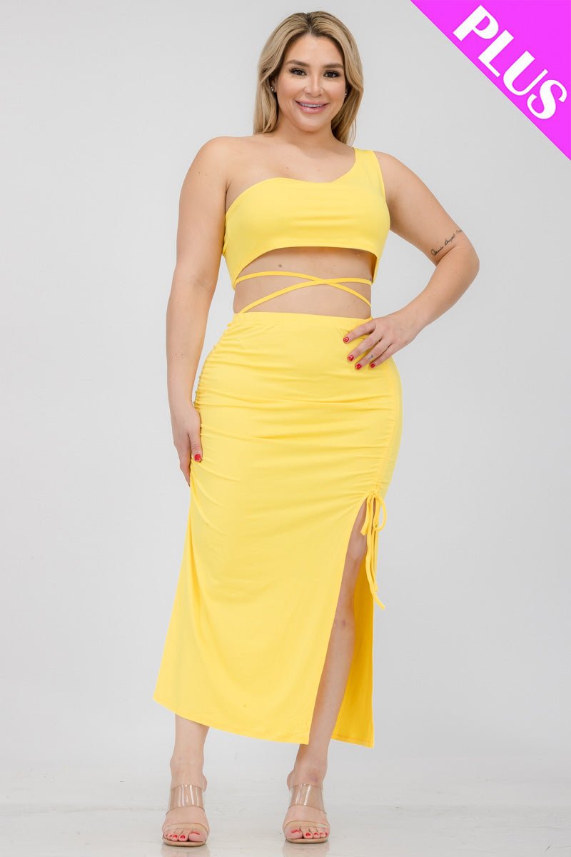 Plus Size Sexy Solid Color One Shoulder Crop Top & Drawstring Ruched Crisscross Tie Back Side Slit Hem Skirt Set (CAPELLA) - sku-46366028857632 - Love it Curvy